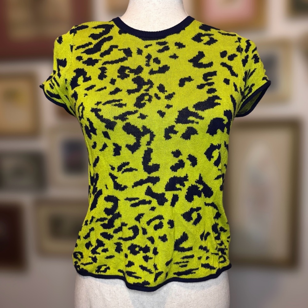 John + Jenn Knit Lime and Navy Leopard Print Tee